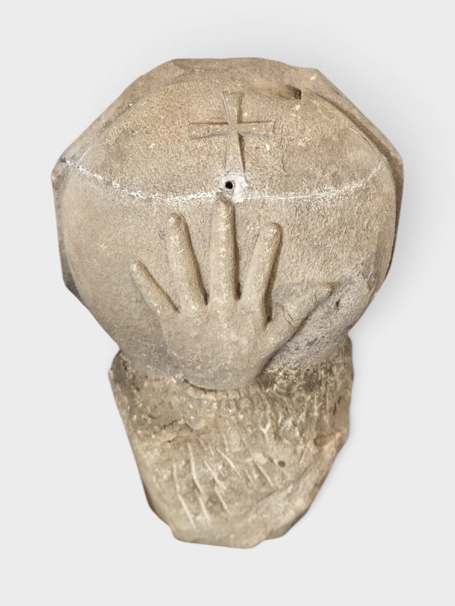 Antique Stone Holy Water Font With A Hand-carved Cross – 17th Century