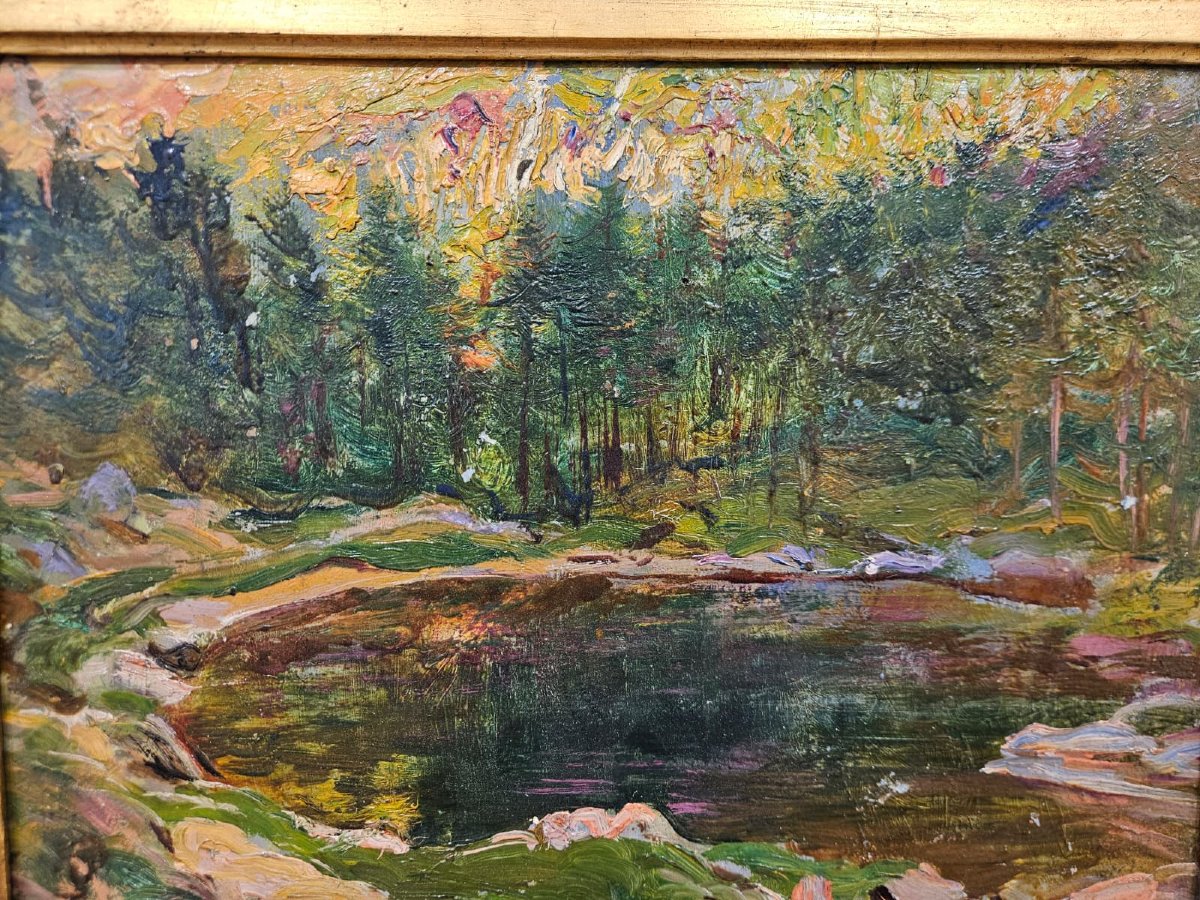 Alberto Falchetti (1878–1951) – Alpine Pond – Oil On Cardboard-photo-4
