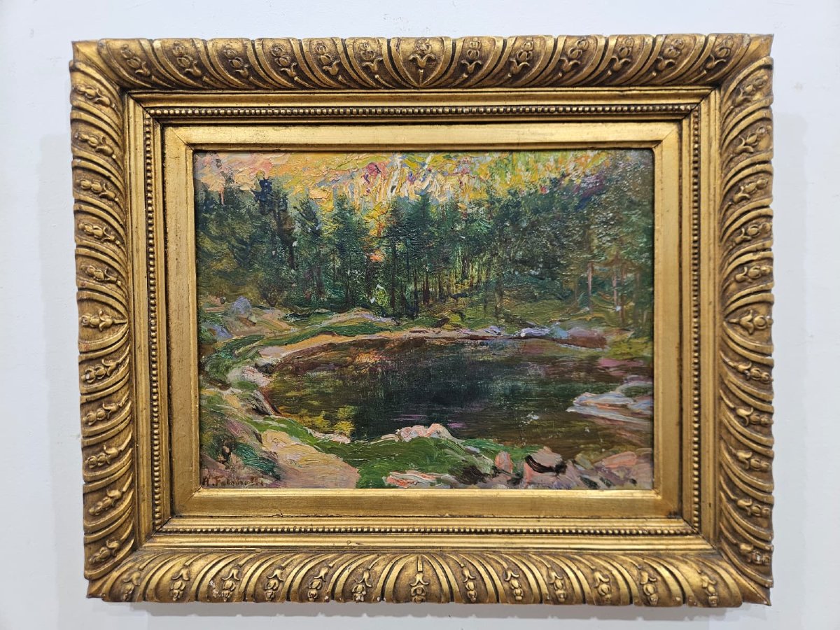 Alberto Falchetti (1878–1951) – Alpine Pond – Oil On Cardboard-photo-1