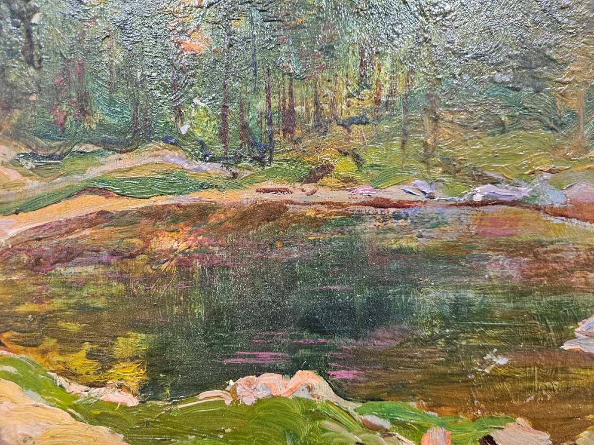 Alberto Falchetti (1878–1951) – Alpine Pond – Oil On Cardboard-photo-2
