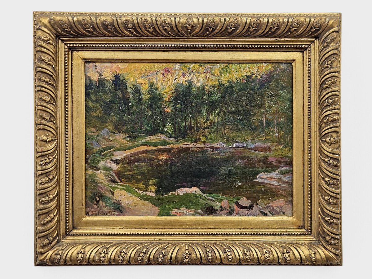 Alberto Falchetti (1878–1951) – Alpine Pond – Oil On Cardboard