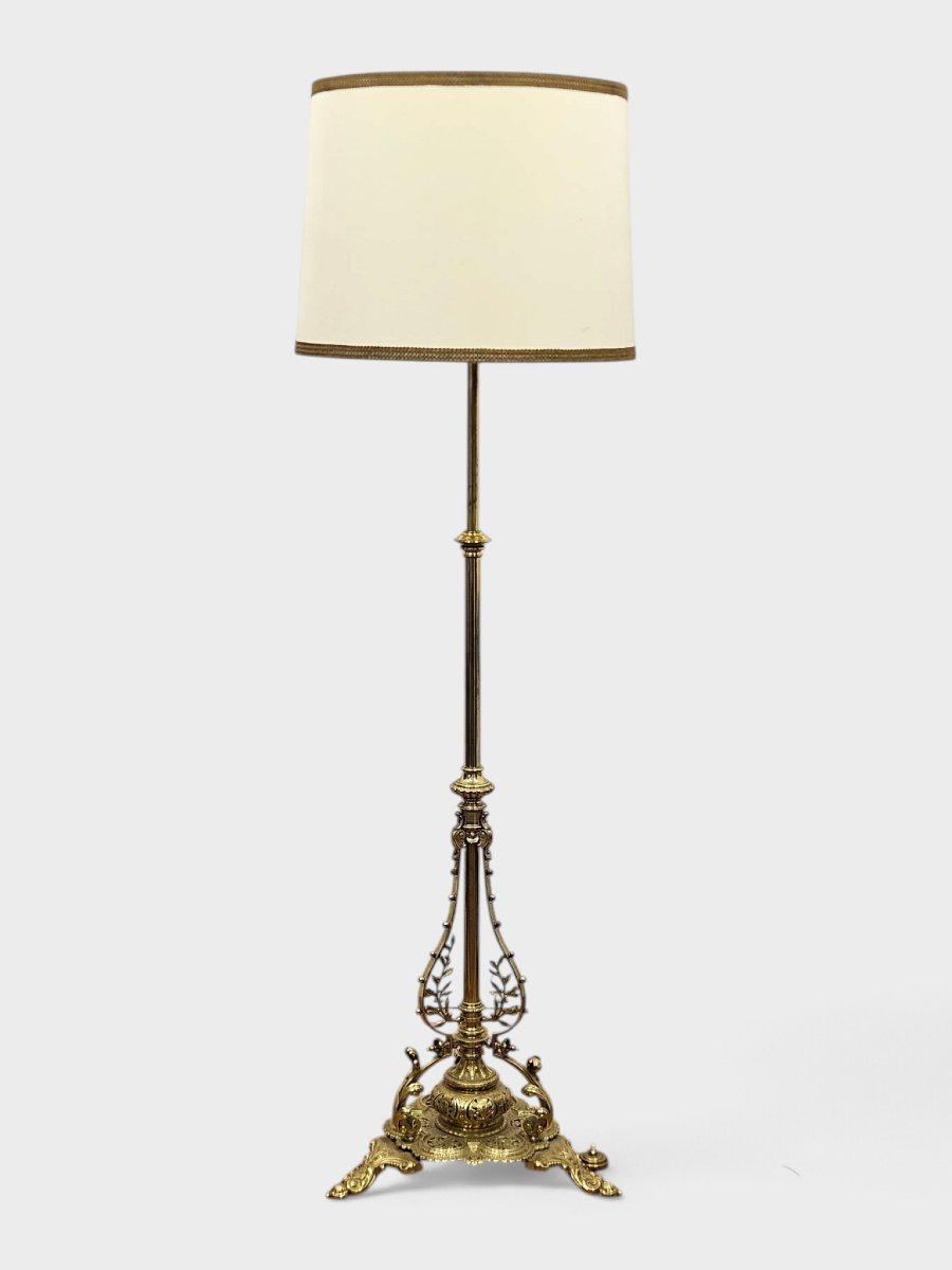 Lampadaire victorien en bronze doré à tige télescopique – Fin XIXe / Début XXe siècle