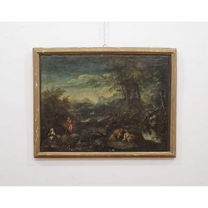Bucolic Landscape Painting With Frame - 18th Century