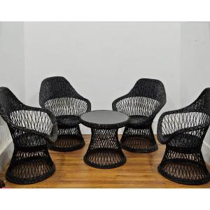 Black Woven Wicker Lounge Set - 1970s