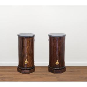 Pair Of Cylinder/column Bedside Tables With Marble Top - Early 19th Century