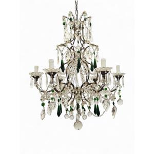Lustre à 6 Lumières En Fer Et Verre Coloré Vert - Années 1950