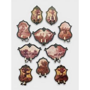 Set Of 10 Hand-painted Wall Sconces On Panel – 1950s