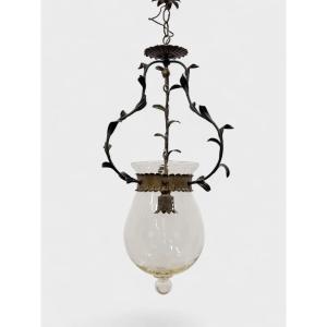 Wrought Iron Chandelier With Glass, 1950s