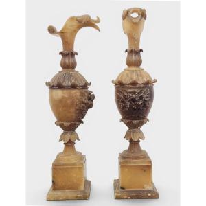 Pair Of Decorative Vases In Carved Alabaster – Late 19th / Early 20th Century