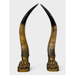 Pair Of Ox Horns With Carved And Gilded Wooden Bases—first Half Of The 19th Century.