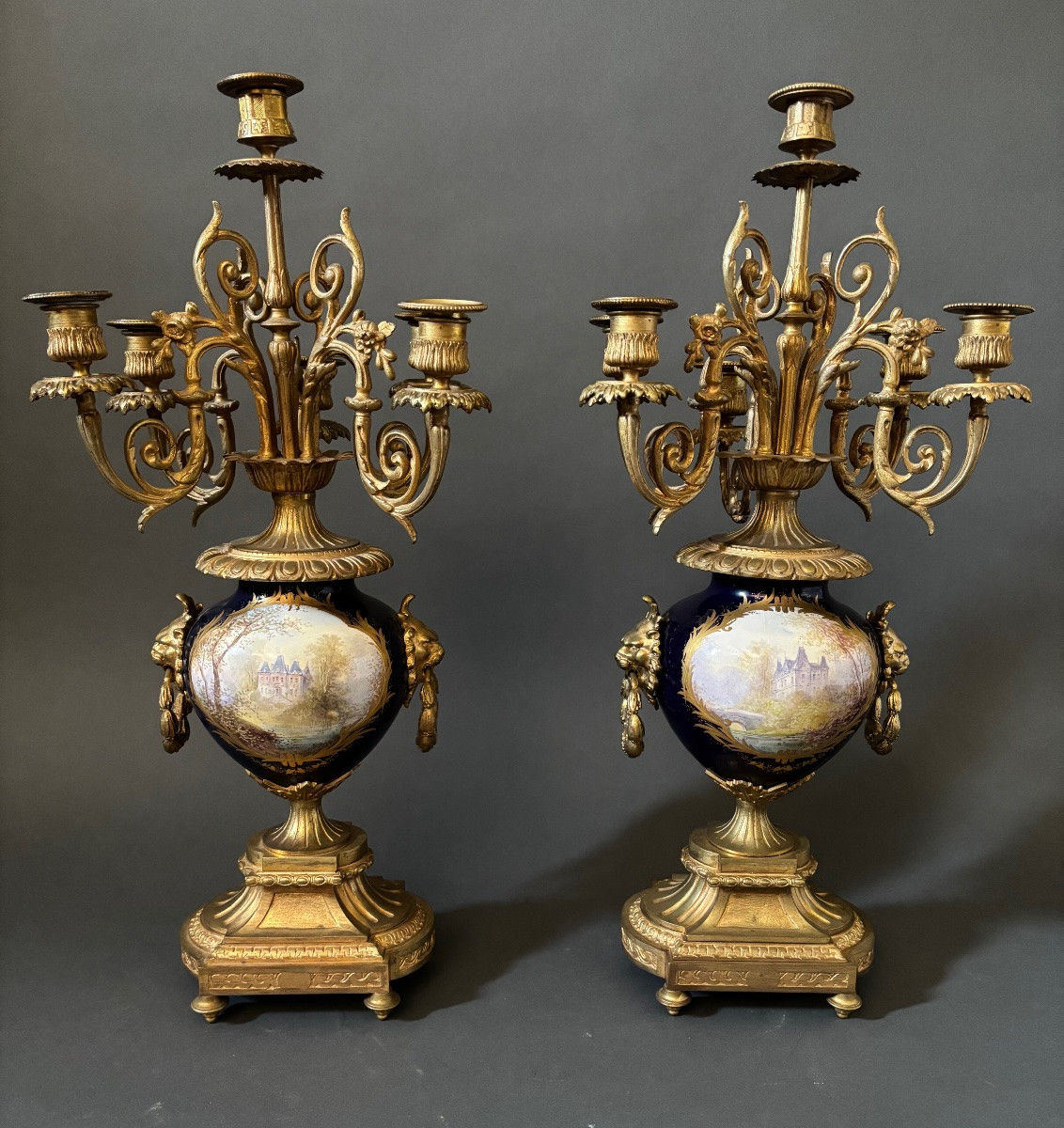 Bougeoirs En Bronze Avec Porcelaine. 19ème Siècle.-photo-2