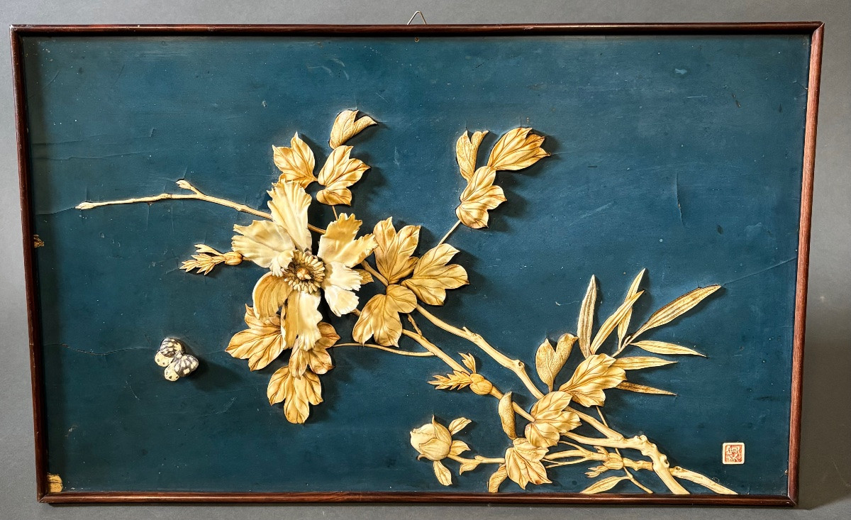 Wooden Plaque Inlaid With Bone. 19th Century Japan.-photo-2
