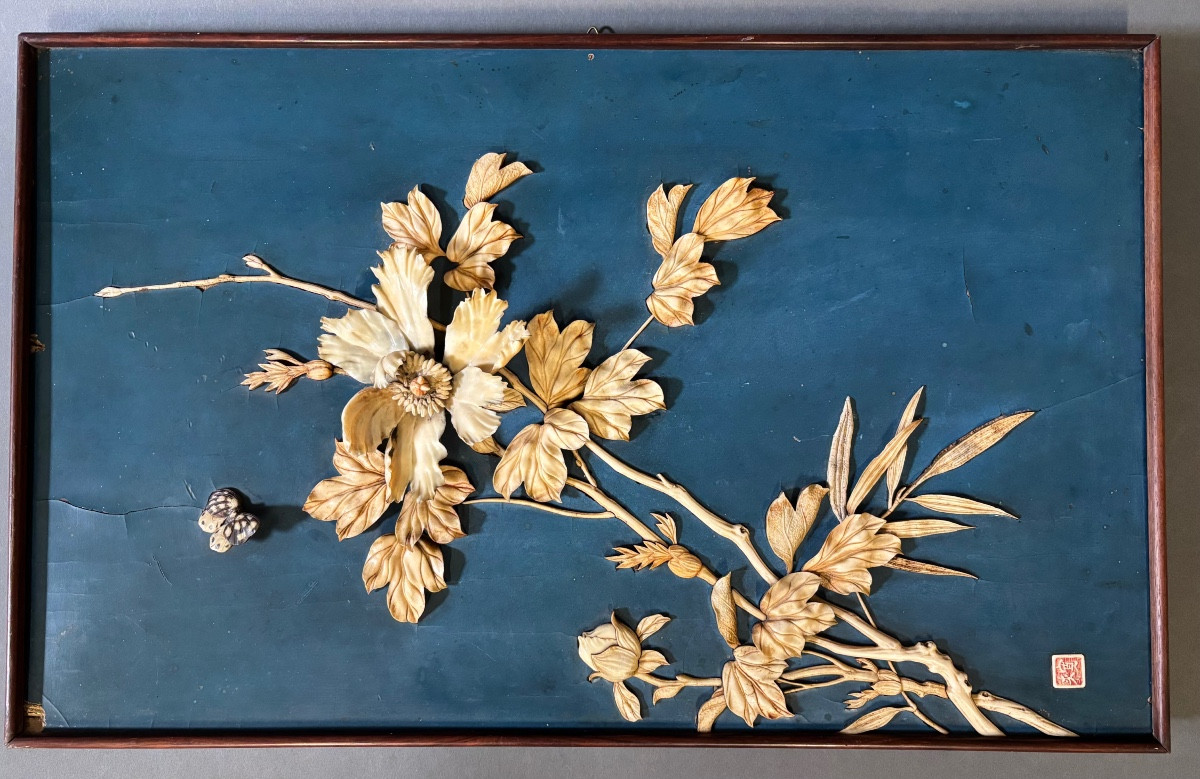 Wooden Plaque Inlaid With Bone. 19th Century Japan.