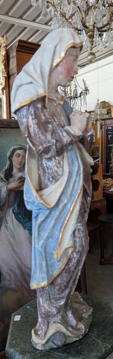 Polychrome Wooden Sculpture Of The Virgin In Prayer – 18th Century-photo-3
