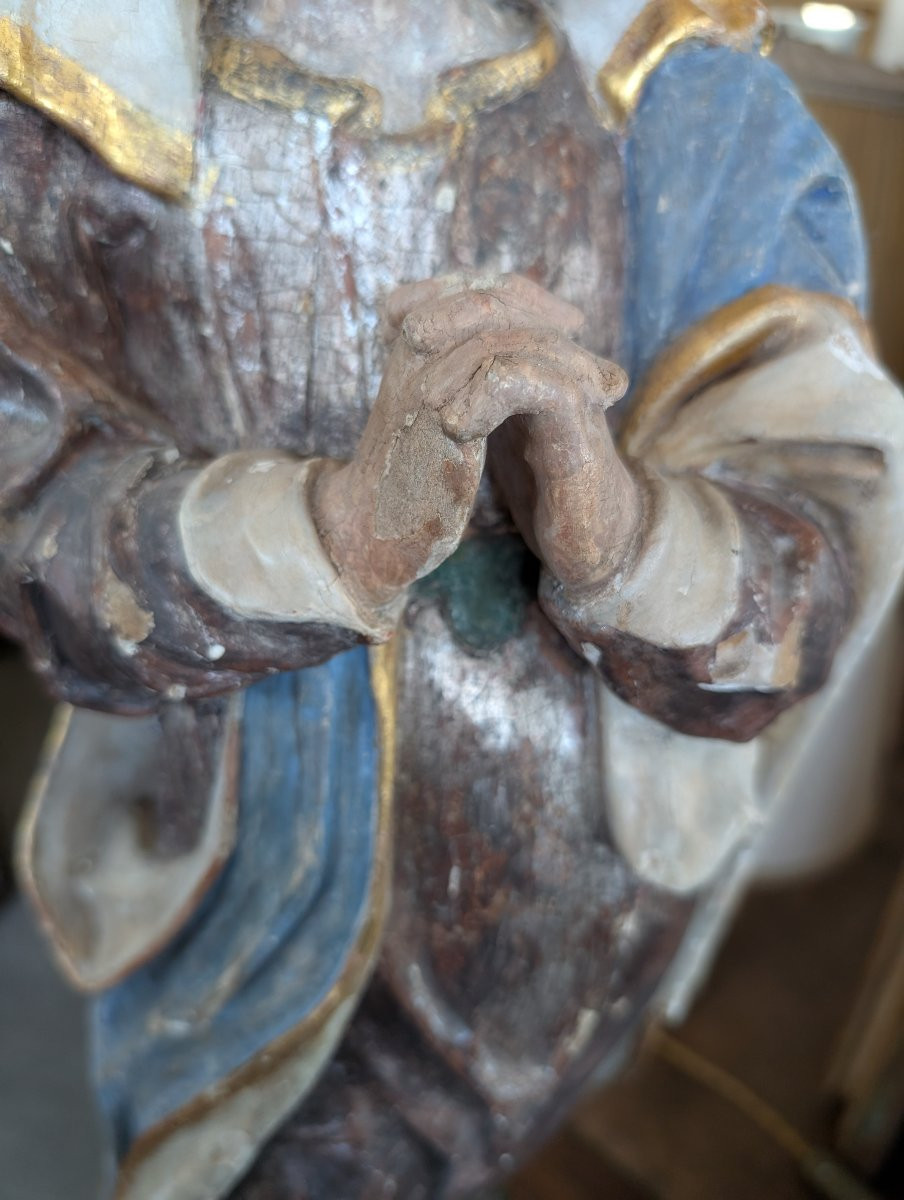 Polychrome Wooden Sculpture Of The Virgin In Prayer – 18th Century-photo-3
