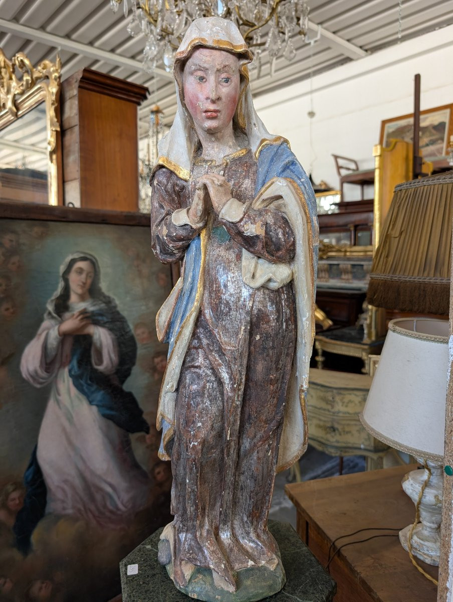 Polychrome Wooden Sculpture Of The Virgin In Prayer – 18th Century-photo-5