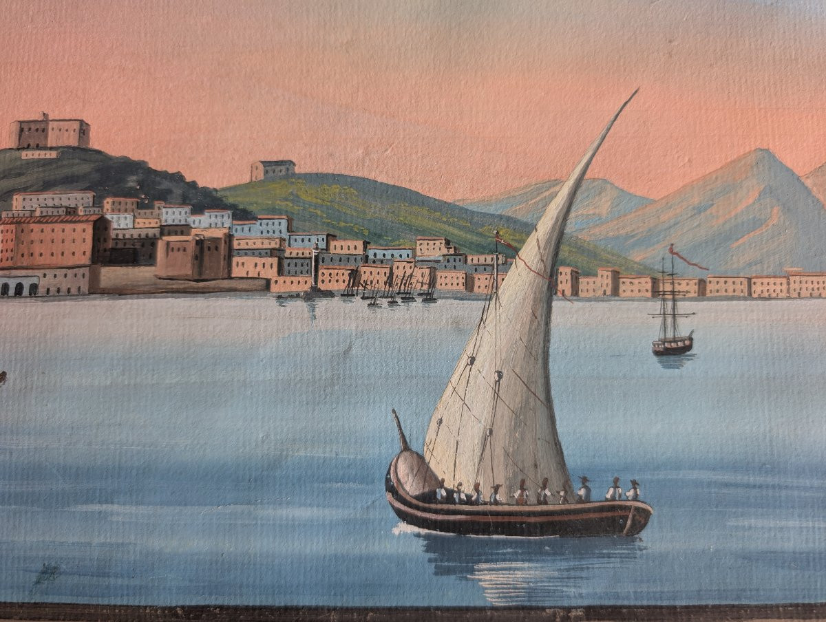 Vue de Naples depuis la mer avec le Vésuve fumant École napolitaine, seconde moitié du XIXe siè-photo-2
