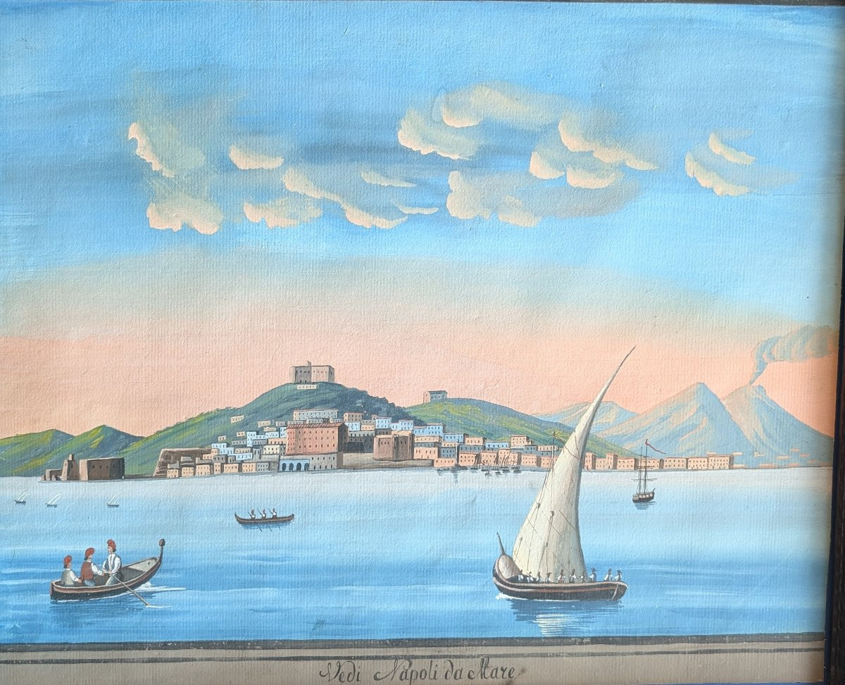 Vue de Naples depuis la mer avec le Vésuve fumant École napolitaine, seconde moitié du XIXe siè-photo-3