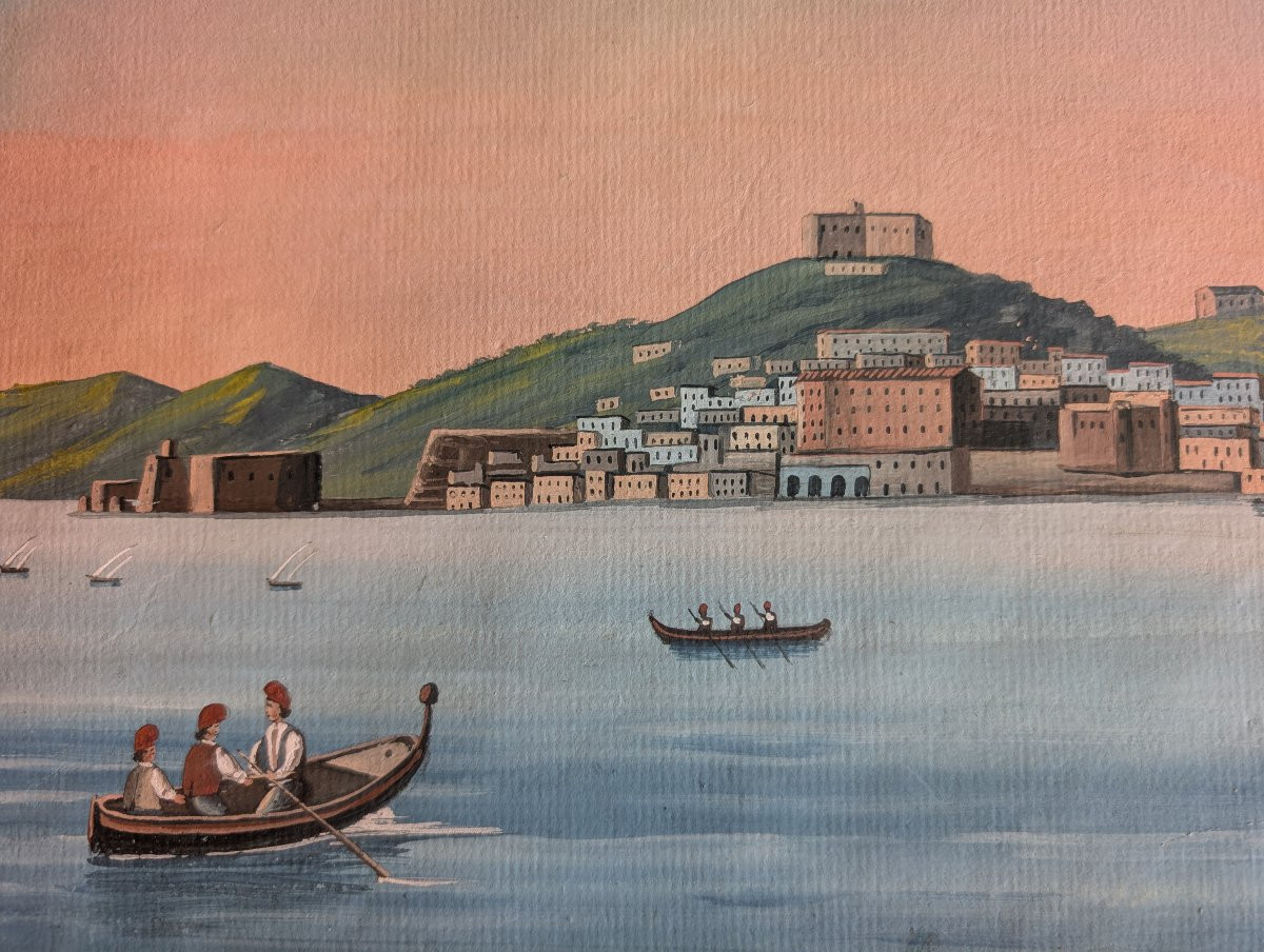 Vue de Naples depuis la mer avec le Vésuve fumant École napolitaine, seconde moitié du XIXe siè-photo-4