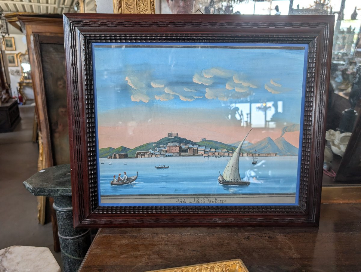 Vue de Naples depuis la mer avec le Vésuve fumant École napolitaine, seconde moitié du XIXe siè-photo-2