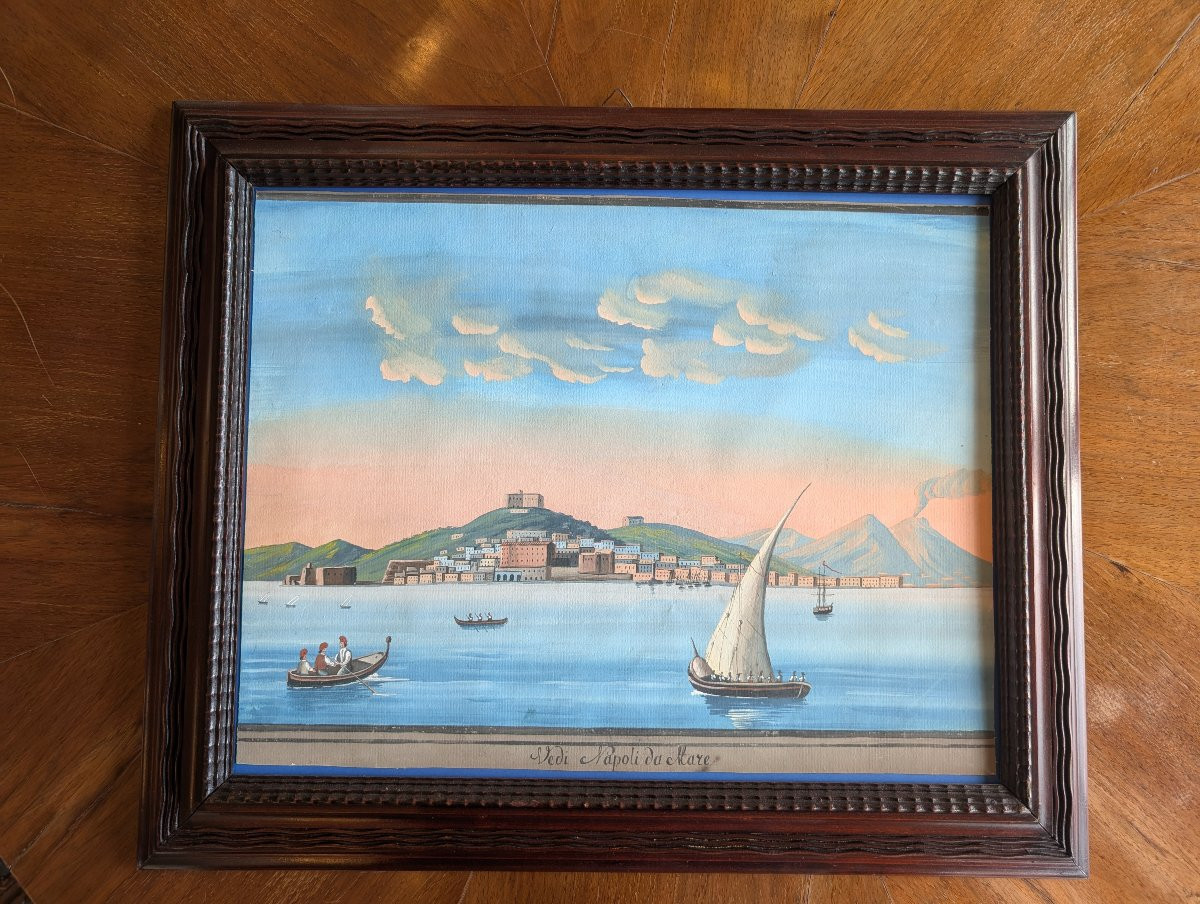 Vue de Naples depuis la mer avec le Vésuve fumant École napolitaine, seconde moitié du XIXe siè-photo-3