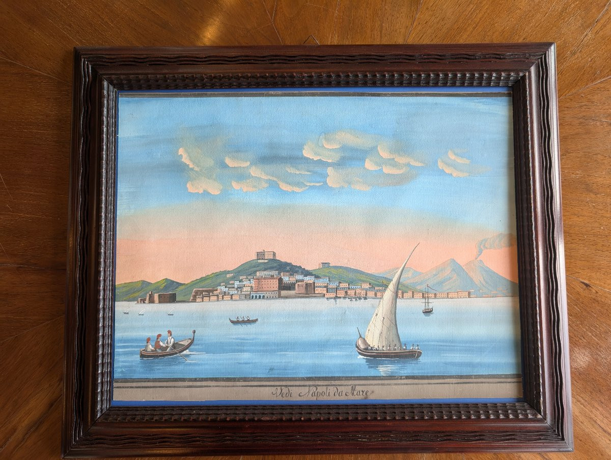 Vue de Naples depuis la mer avec le Vésuve fumant École napolitaine, seconde moitié du XIXe siè-photo-4