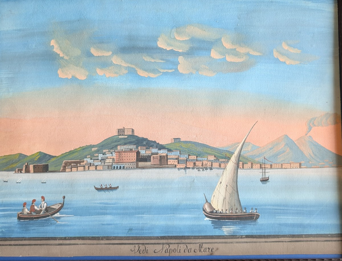 Vue de Naples depuis la mer avec le Vésuve fumant École napolitaine, seconde moitié du XIXe siè