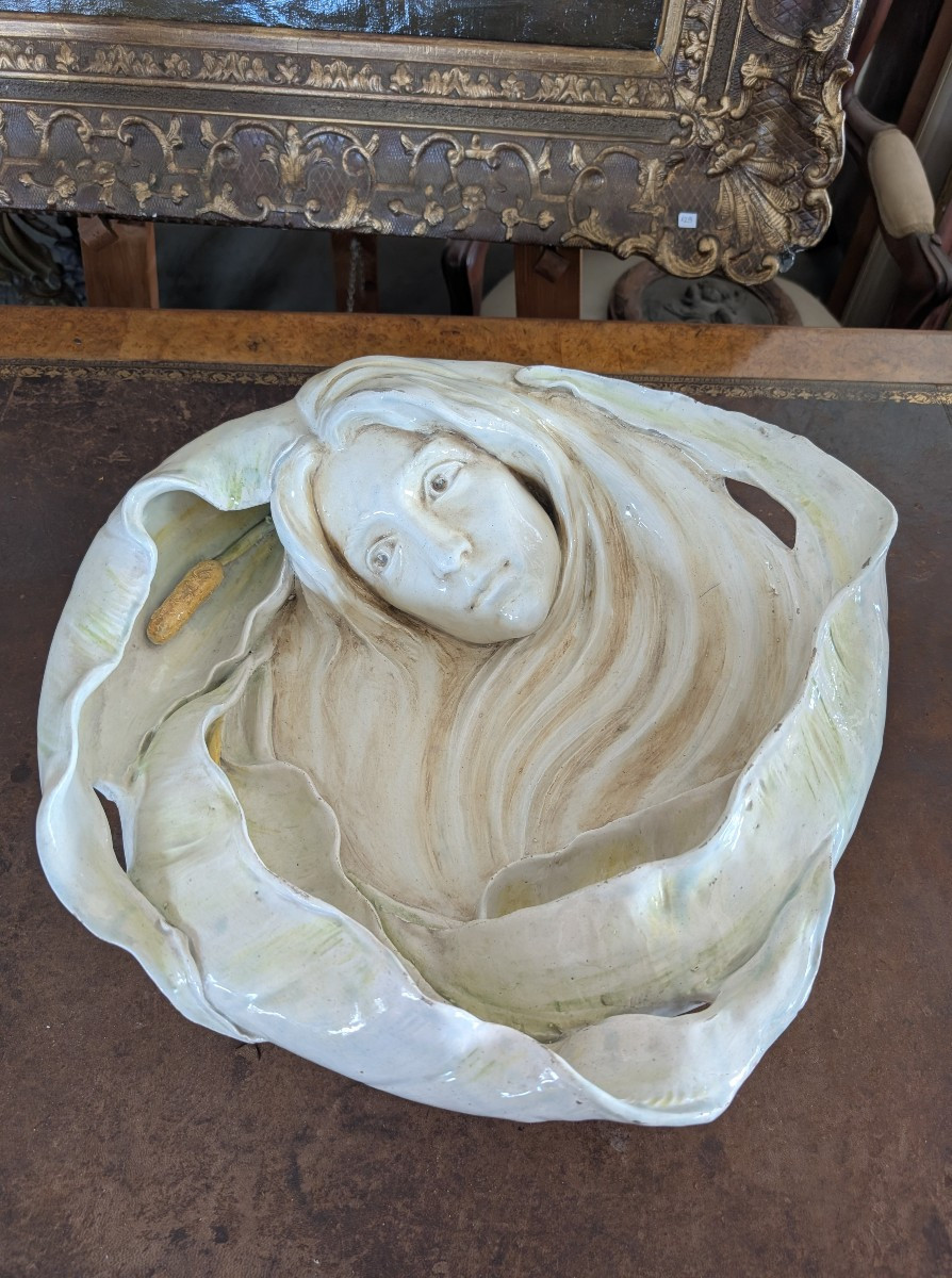 Large Art Nouveau Centerpiece / Wall Plate In Glazed Ceramic – Quaglino Poggi Manufacture, Albi-photo-1
