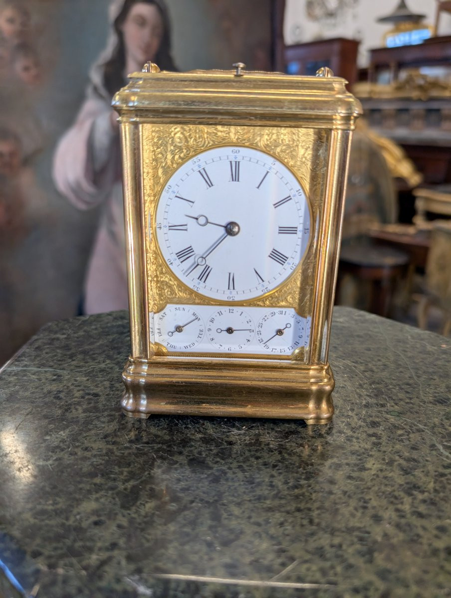 Gilt Bronze Carriage Clock – Anchor Escapement, Quarter Striking, Alarm And Calendar-photo-1