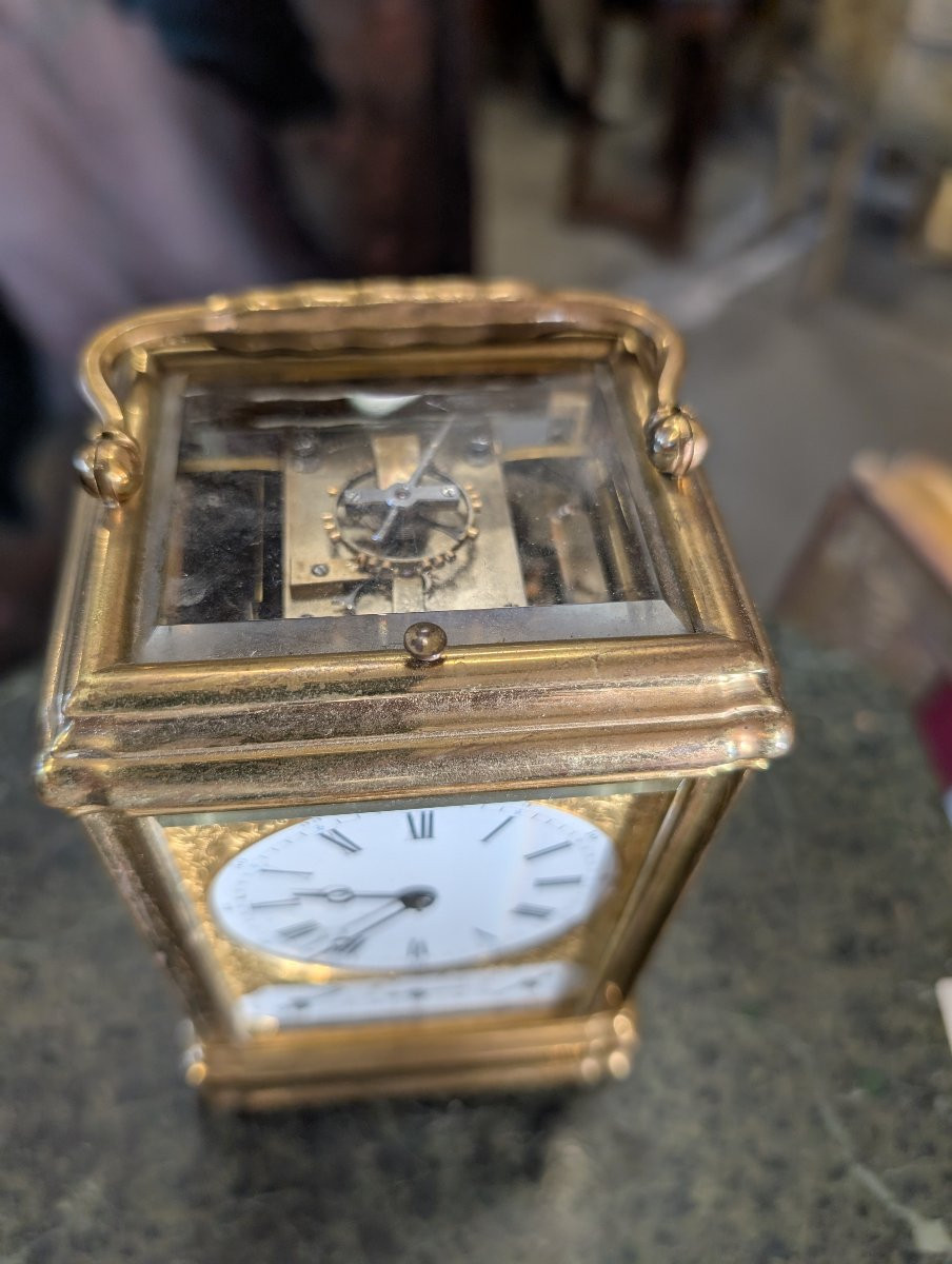 Gilt Bronze Carriage Clock – Anchor Escapement, Quarter Striking, Alarm And Calendar-photo-2