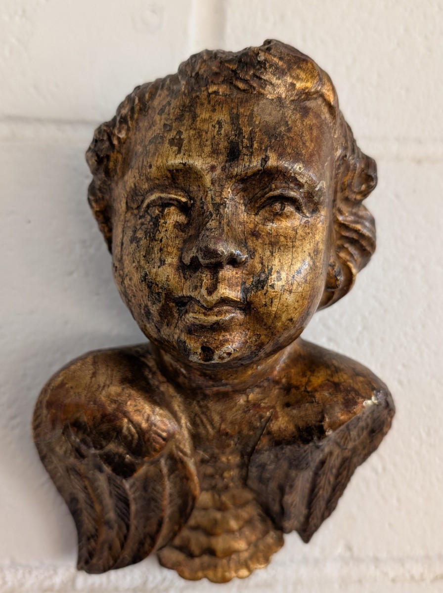 Refined 18th-century Carved And Mecca-gilt Wooden Cherub-photo-2