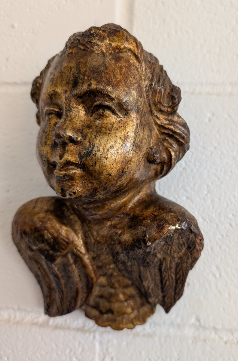 Refined 18th-century Carved And Mecca-gilt Wooden Cherub-photo-3