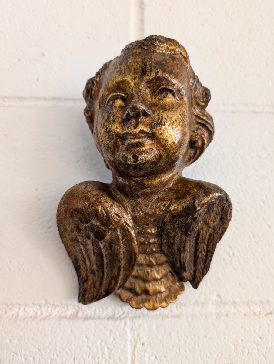 Refined 18th-century Carved And Mecca-gilt Wooden Cherub-photo-4