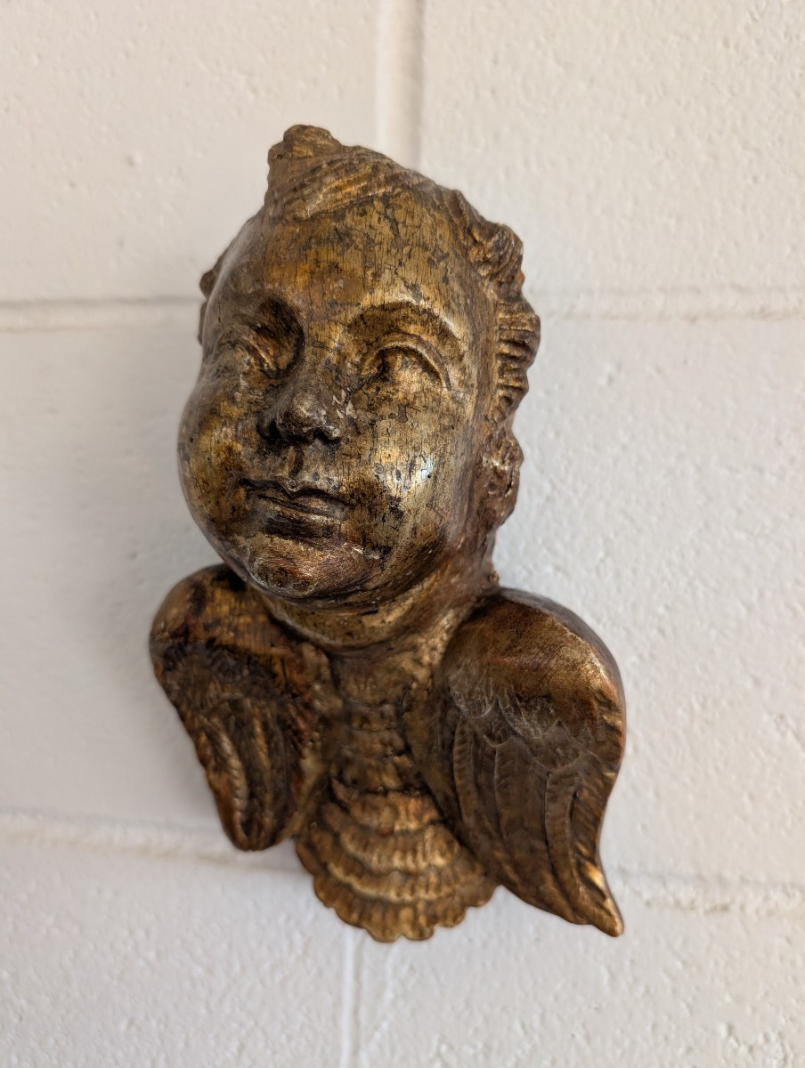 Carved And Mecca-gilded Wooden Cherub – 18th Century-photo-3