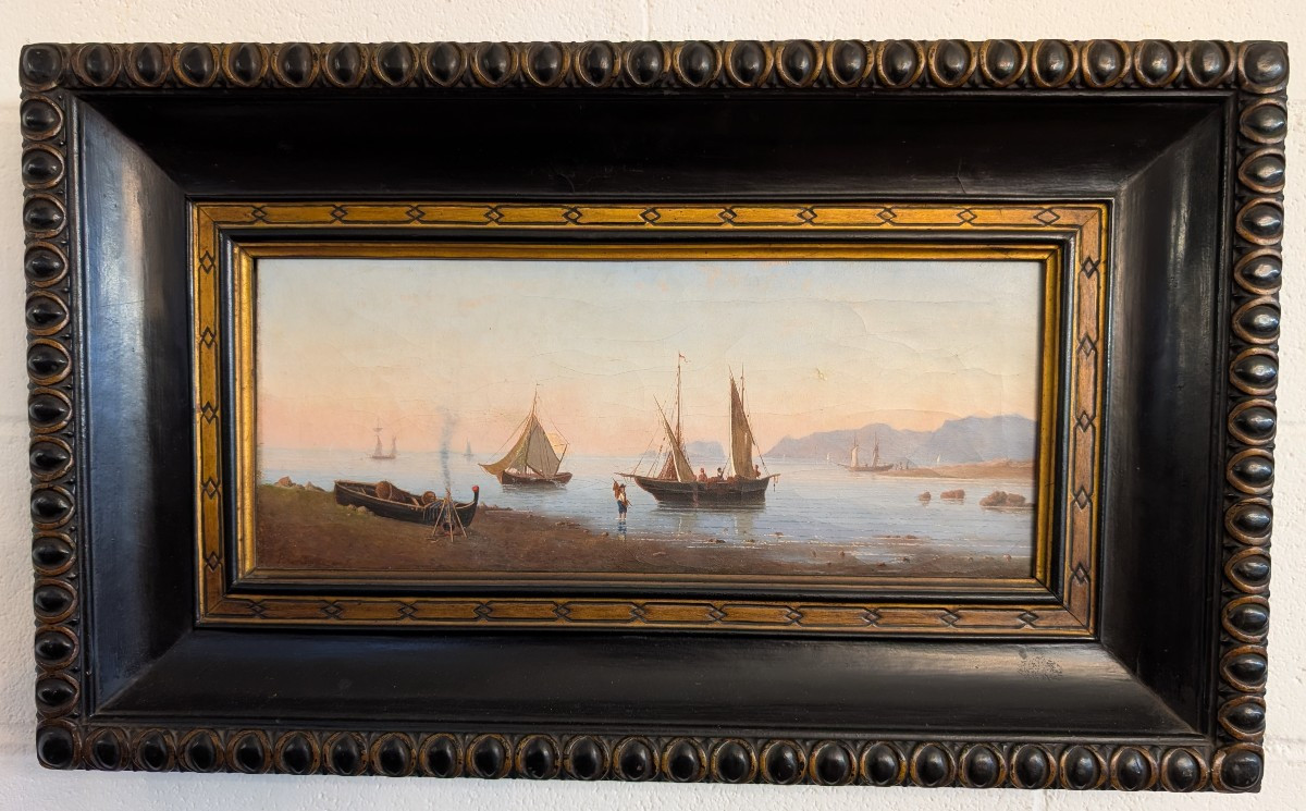 Marine avec embarcations et personnages sur le rivage