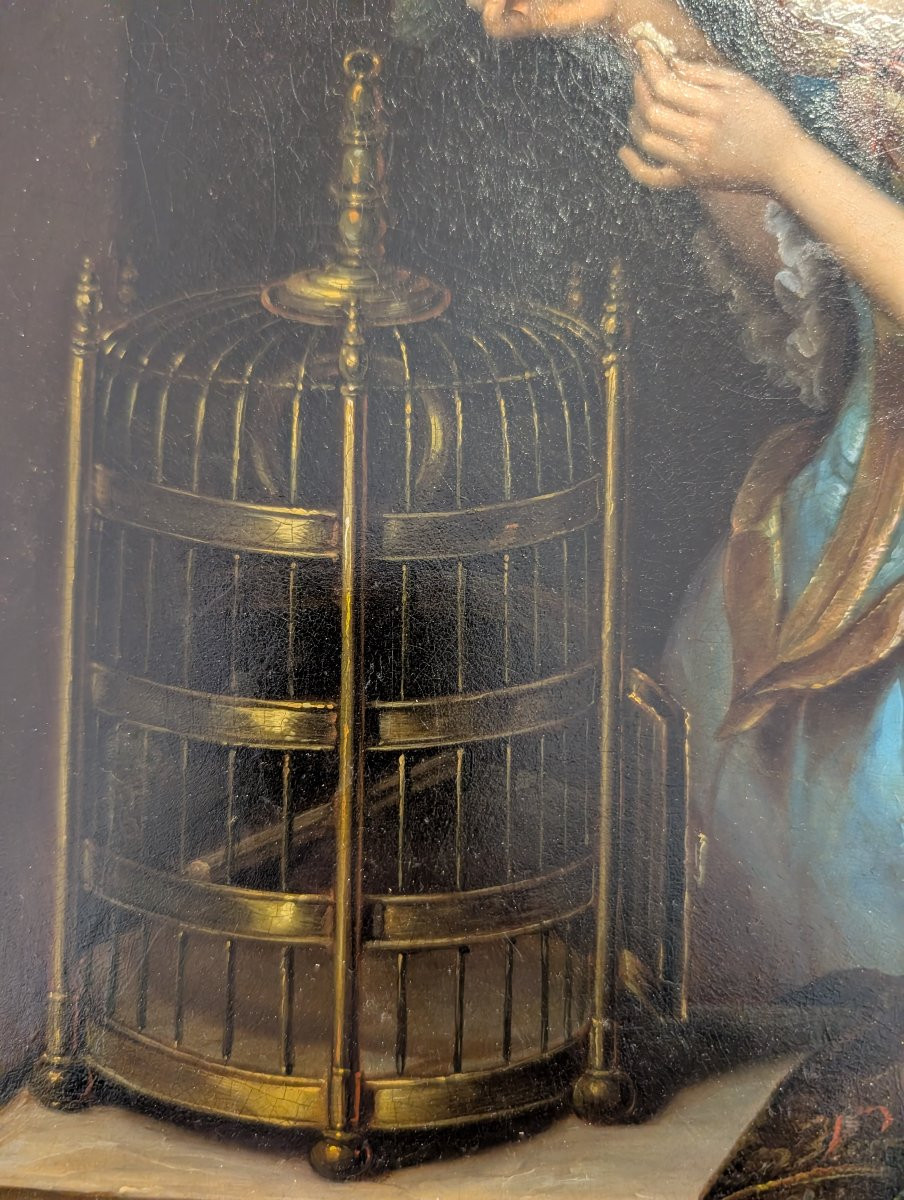 Oil On Metal Painting Depicting A Young Lady With Parrot, Mid-19th Century-photo-4