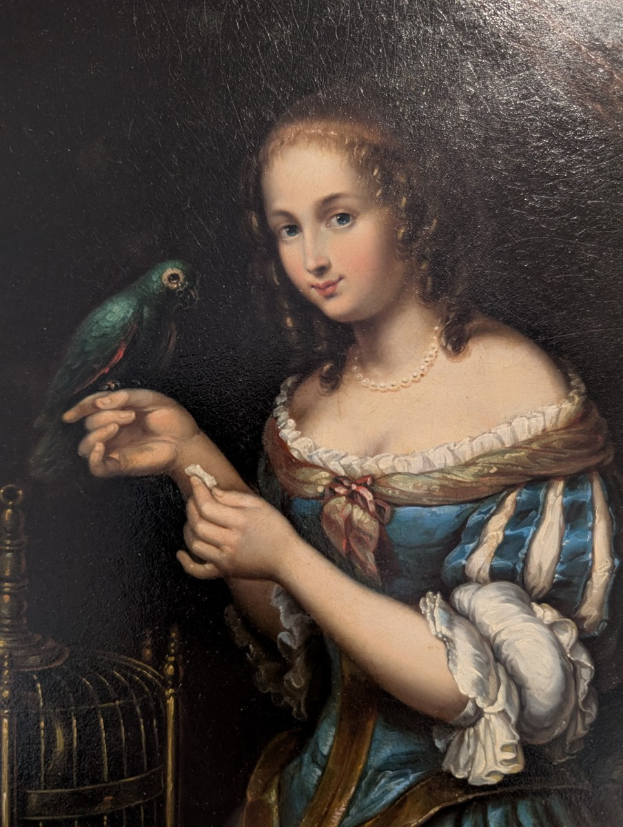 Oil On Metal Painting Depicting A Young Lady With Parrot, Mid-19th Century-photo-5