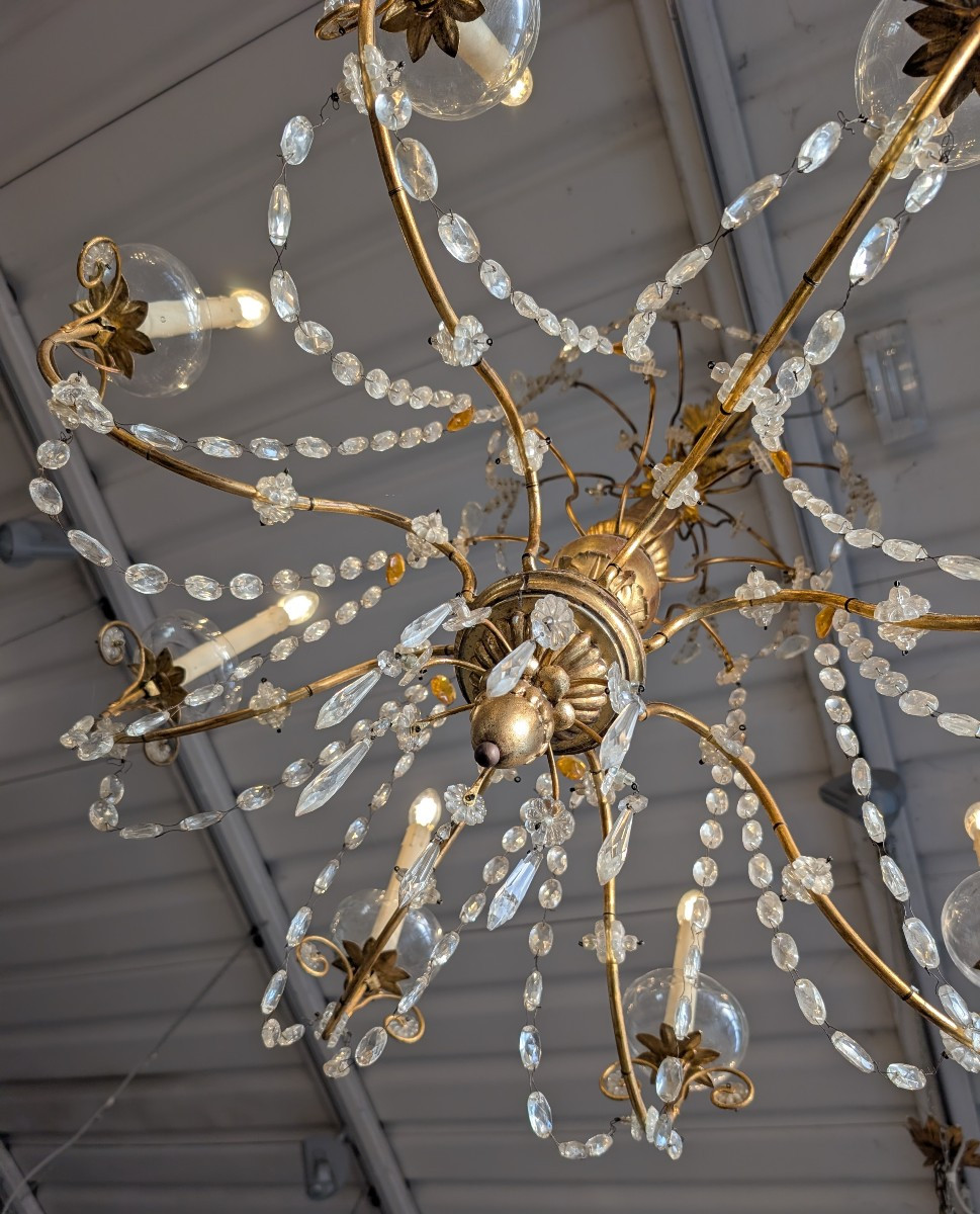 Genoese 8-light Chandelier In Carved Giltwood And Crystal, Late 19th Century-photo-2