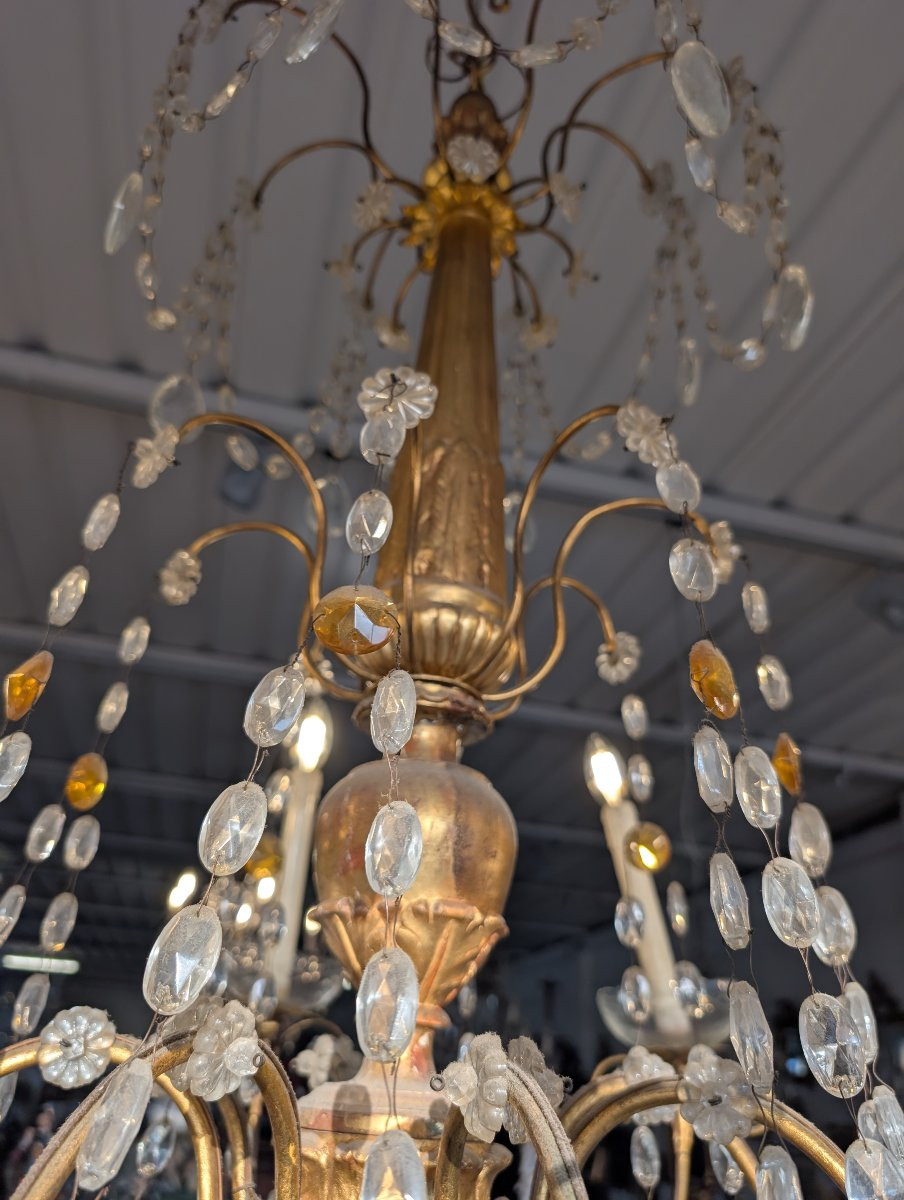 Genoese 8-light Chandelier In Carved Giltwood And Crystal, Late 19th Century-photo-1