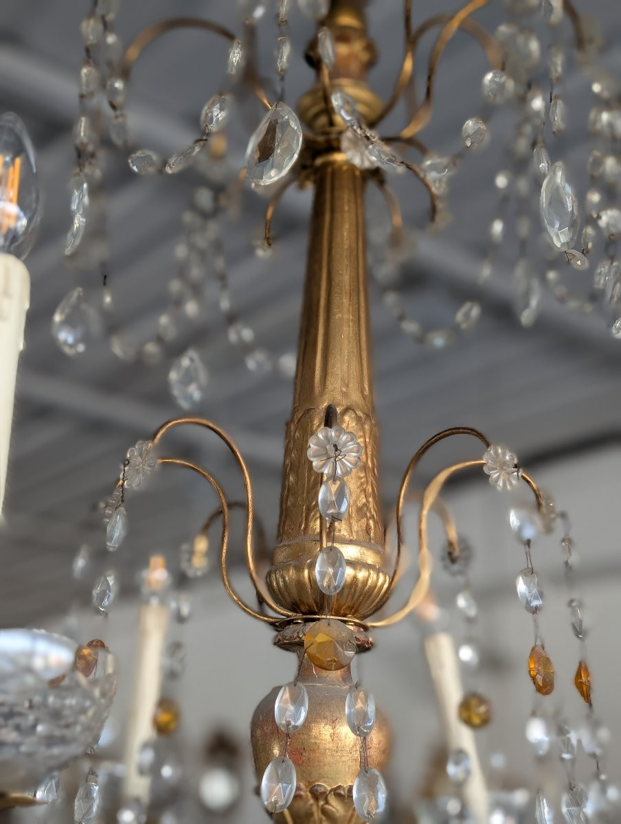 Genoese 8-light Chandelier In Carved Giltwood And Crystal, Late 19th Century-photo-2