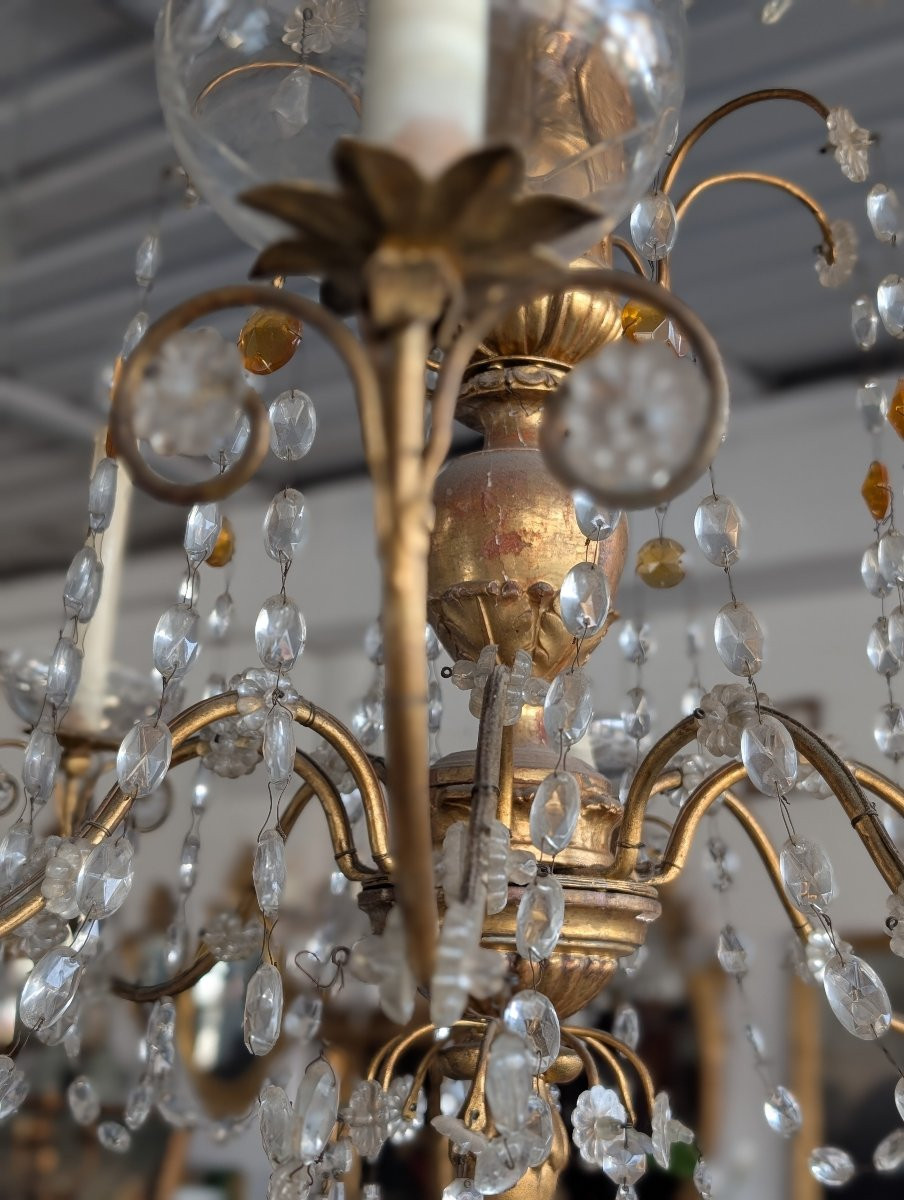 Genoese 8-light Chandelier In Carved Giltwood And Crystal, Late 19th Century-photo-3