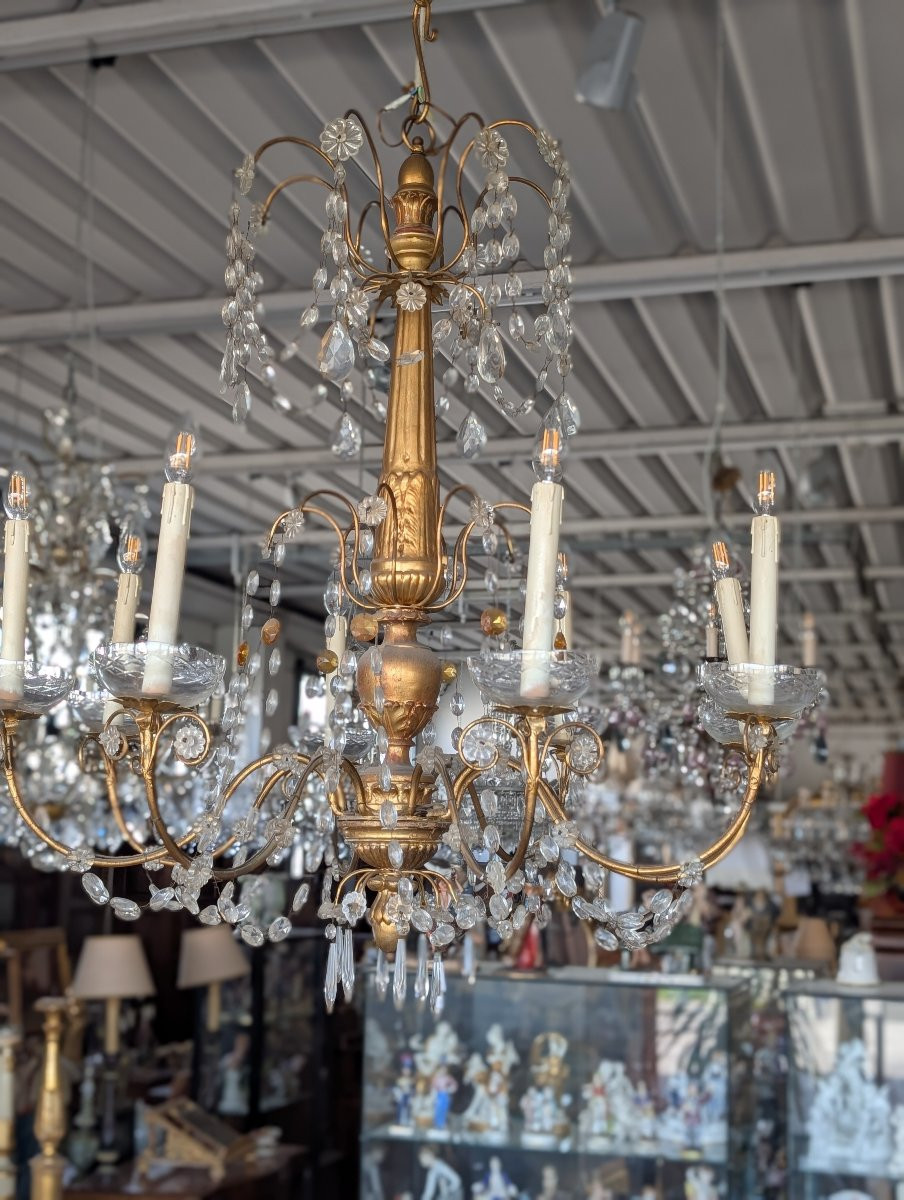 Genoese 8-light Chandelier In Carved Giltwood And Crystal, Late 19th Century-photo-6