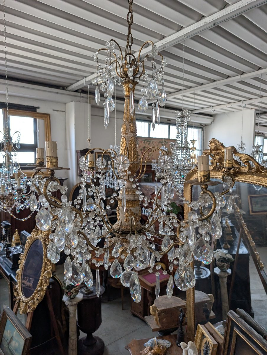 Lustre génois en bois sculpté et doré, XVIIIe siècle avec cristaux, première moitié du XXe -photo-3