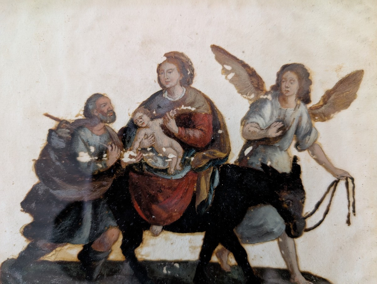 Reverse Glass Oil Painting Depicting The Flight Into Egypt – Late 18th Century-photo-3