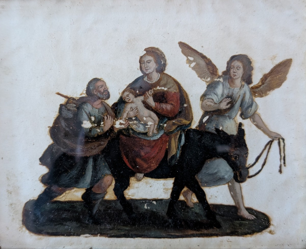 Reverse Glass Oil Painting Depicting The Flight Into Egypt – Late 18th Century
