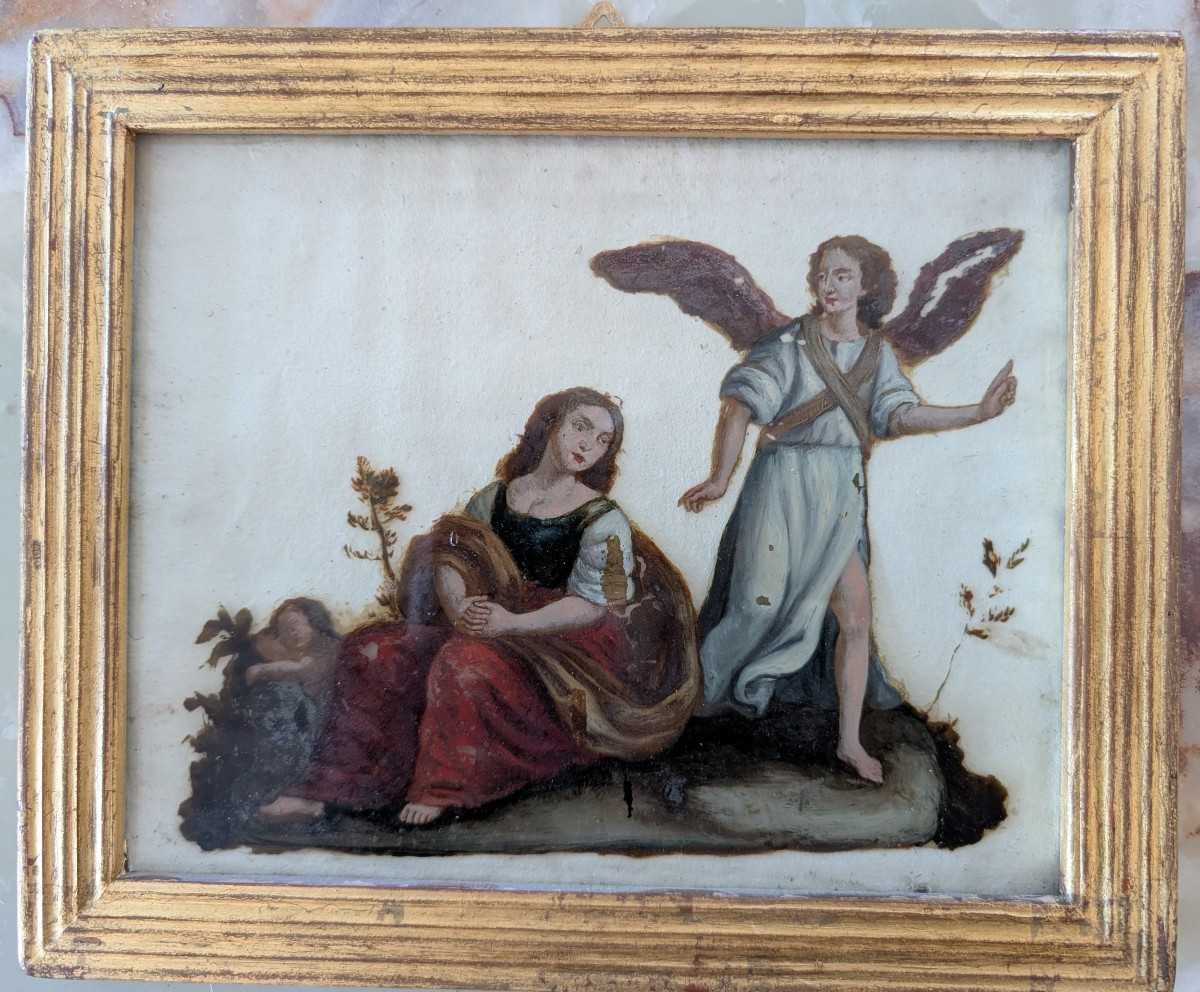 Peinture à l’huile sous verre représentant la Sainte Famille avec ange – fin XVIIIe siècle-photo-2