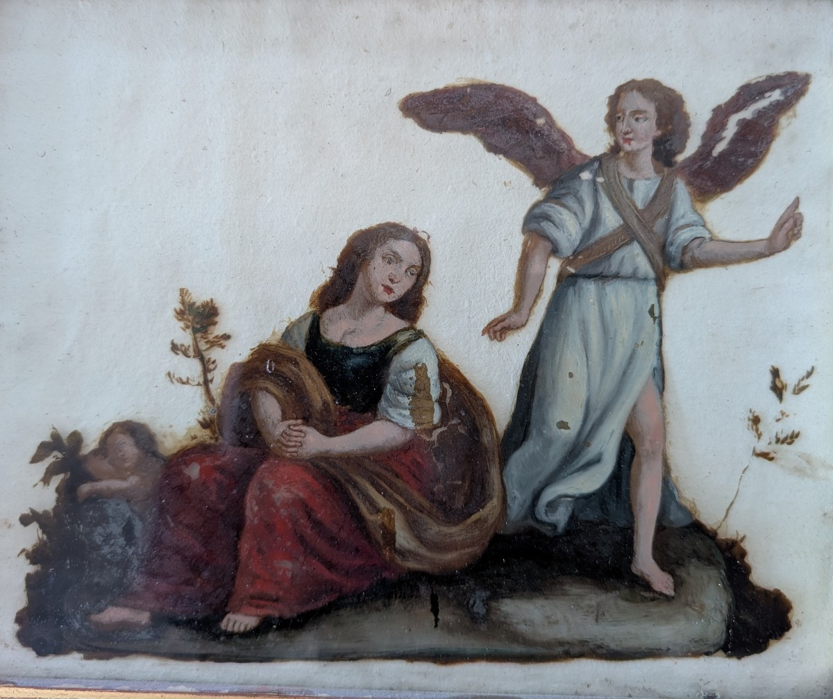 Peinture à l’huile sous verre représentant la Sainte Famille avec ange – fin XVIIIe siècle