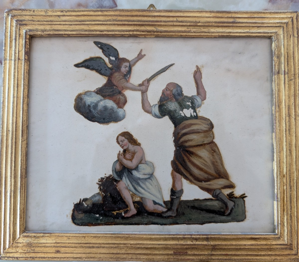 Peinture à l’huile sous verre représentant le Sacrifice d’Isaac – fin XVIIIe siècle-photo-2