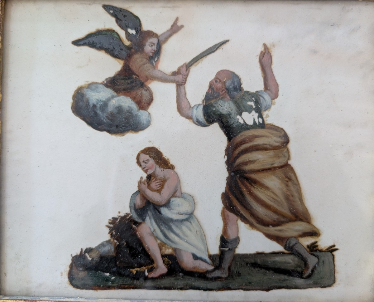 Peinture à l’huile sous verre représentant le Sacrifice d’Isaac – fin XVIIIe siècle