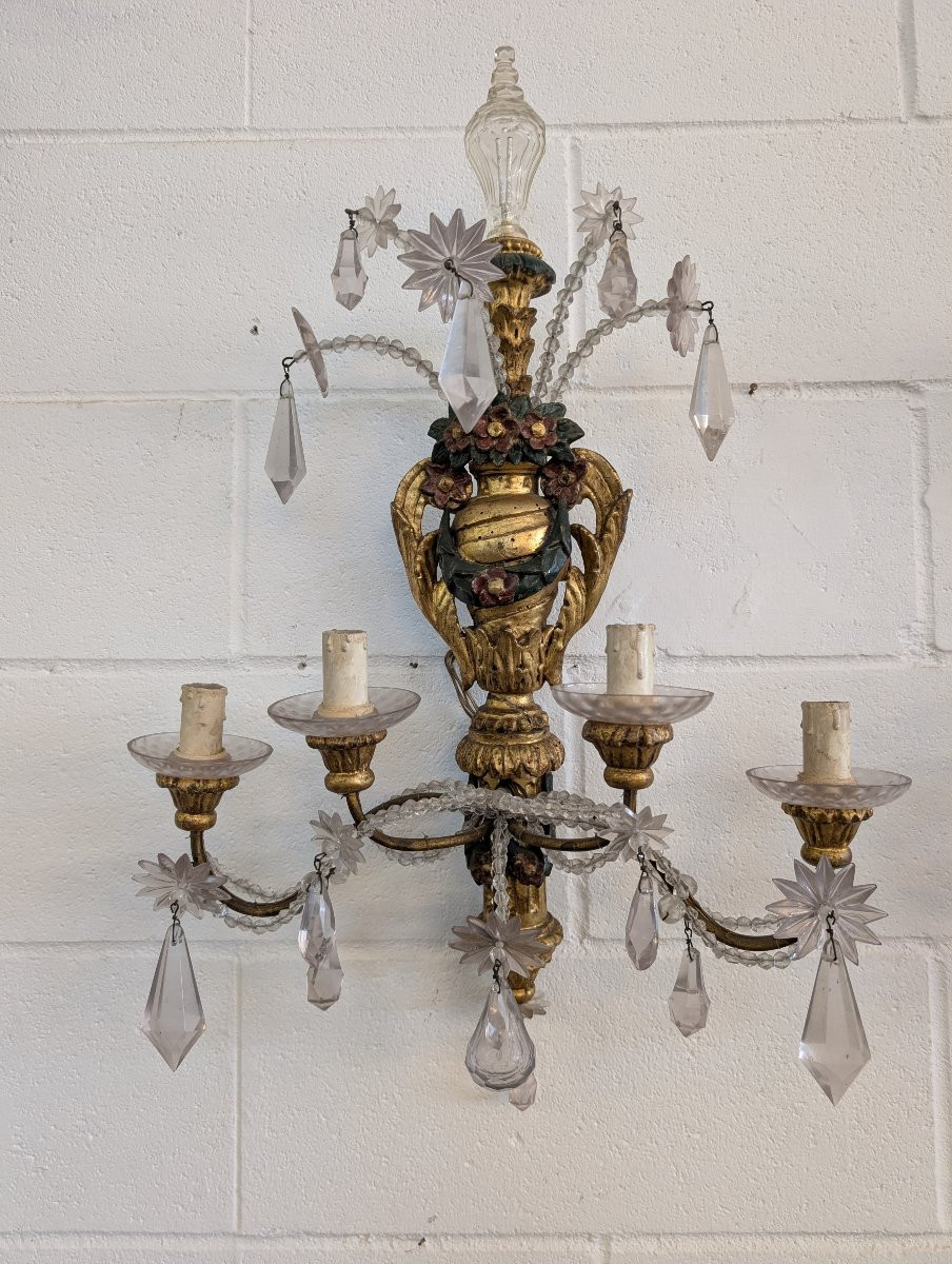Paire d’appliques génoises en bois doré et laqué, cristal, fin XIXe siècle-photo-2